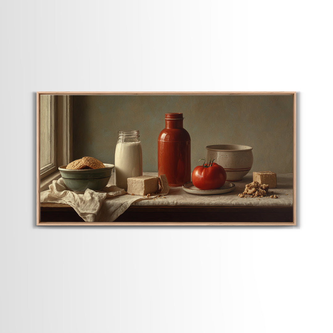 Milk Bottle and Cookies Nostalgic Still Life Framed Canvas Print, Bakery Art, Room Decor, Bakery Decor, Fine Art, Patisserie, BAK-2x1-42