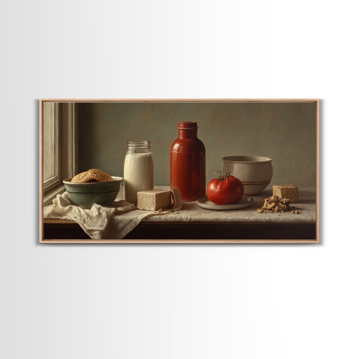 Milk Bottle and Cookies Nostalgic Still Life Framed Canvas Print, Bakery Art, Room Decor, Bakery Decor, Fine Art, Patisserie, BAK-2x1-42