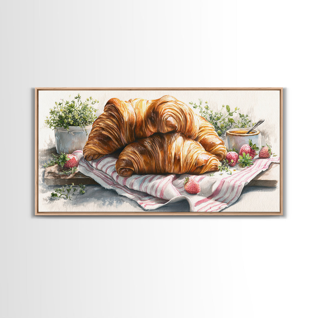 Buttery Croissants Stacked on Striped Linen Framed Canvas Print, Bakery Art, Kitchen Wall Decor, Bakery Decor, Patisserie, BAK-2x1-45