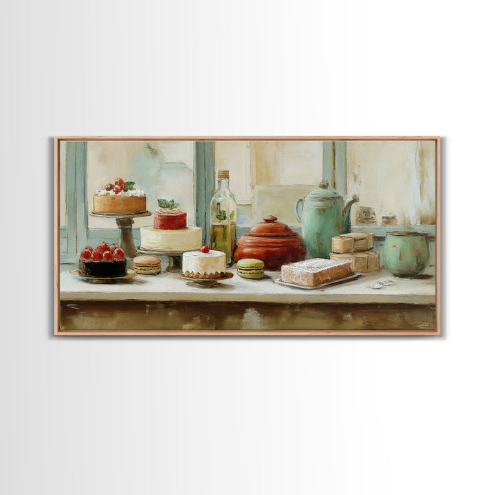 French Patisserie Window Display of Pastel Pastries Framed Canvas Print, Bakery Art, Wall Decor, Bakery Decor, Patisserie, BAK-2x1-46