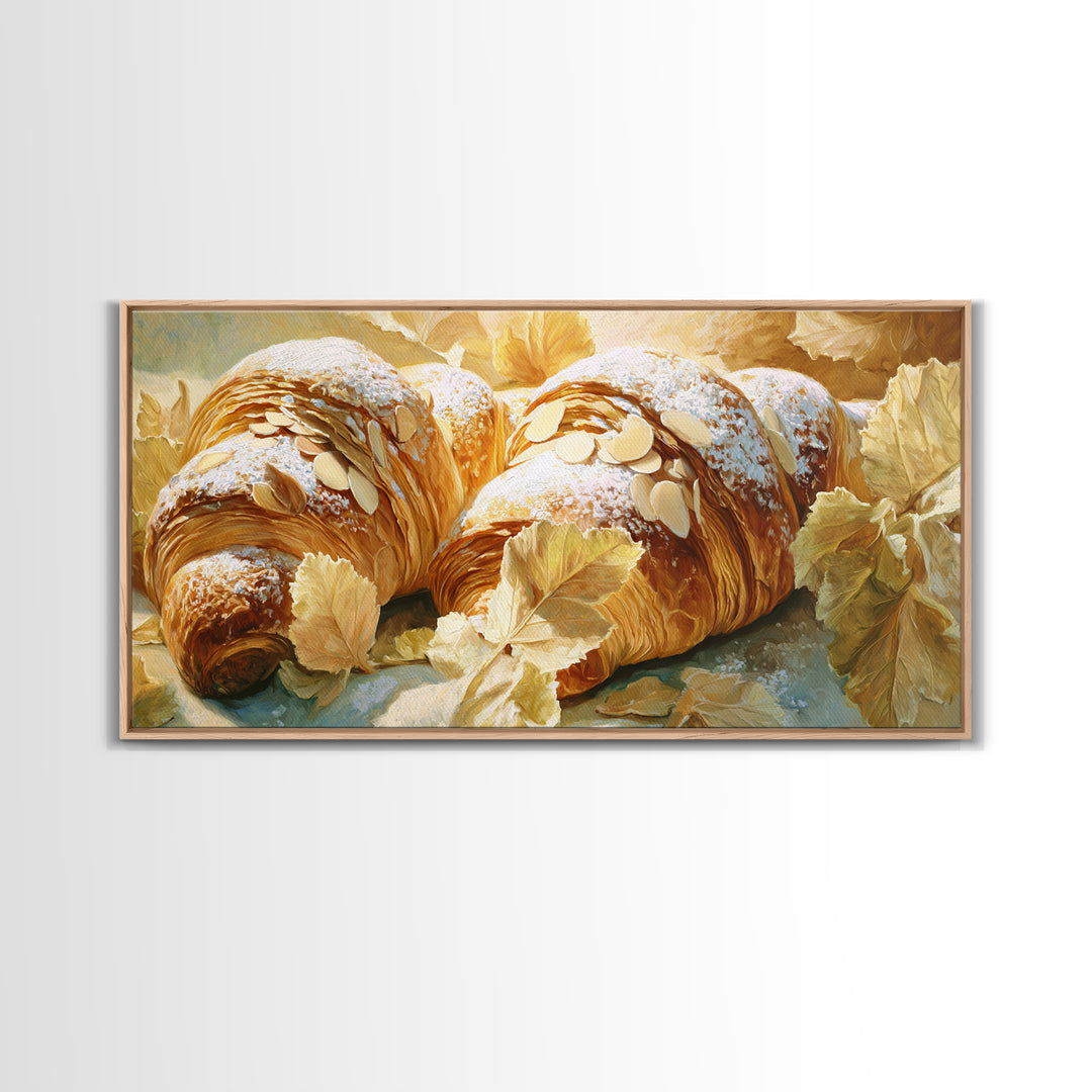 Almond Croissant Closeup Framed Canvas Print, Bakery Art, Aesthetic Wall Art, Bakery Decor, Watercolor Art, Patisserie, BAK-2x1-59