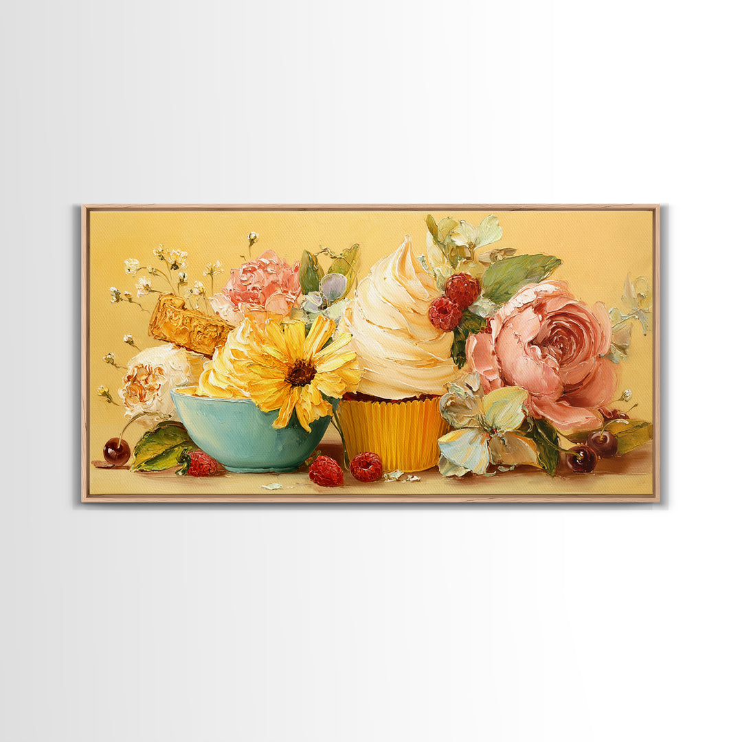 Cupcake Bouquet Painted Framed Canvas Print, Bakery Art, Room Decor, Bakery Decor, Fine Art, Patisserie, Digital Print, BAK-2x1-75