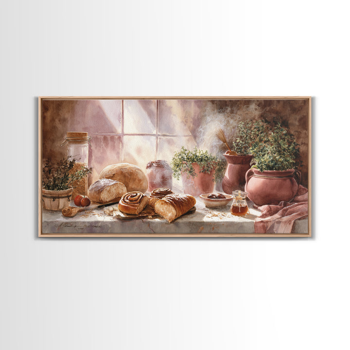 Cinnamon Rolls in a Warm Country Kitchen Framed Canvas Print, Bakery Art, Kids Art, Bakery Decor, Fine Art, Patisserie, BAK-2x1-79