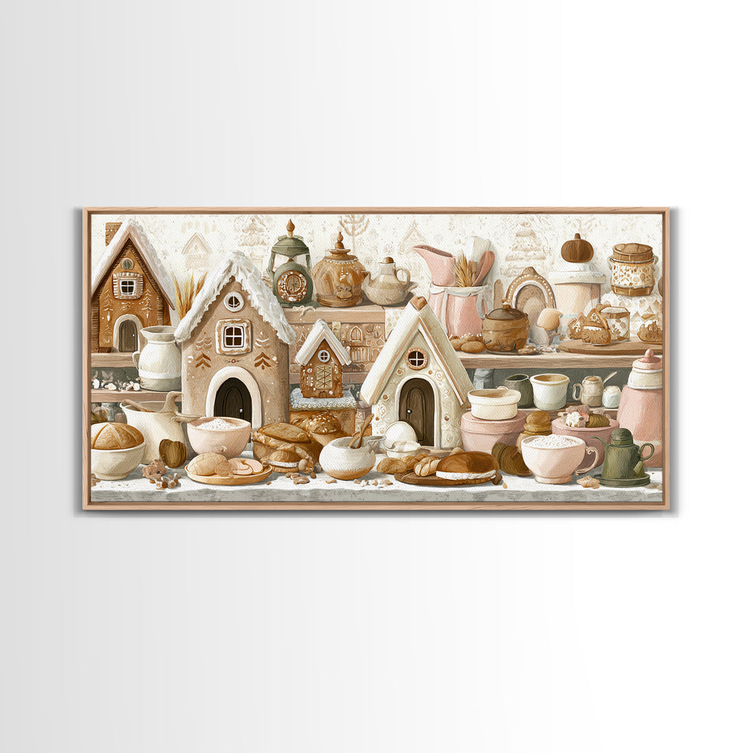 Gingerbread Houses in Charming Folk Art Style Canvas Print, Bakery Art, Printable Wall Art, Bakery Decor, Fine Art, Patisserie, BAK-2x1-82