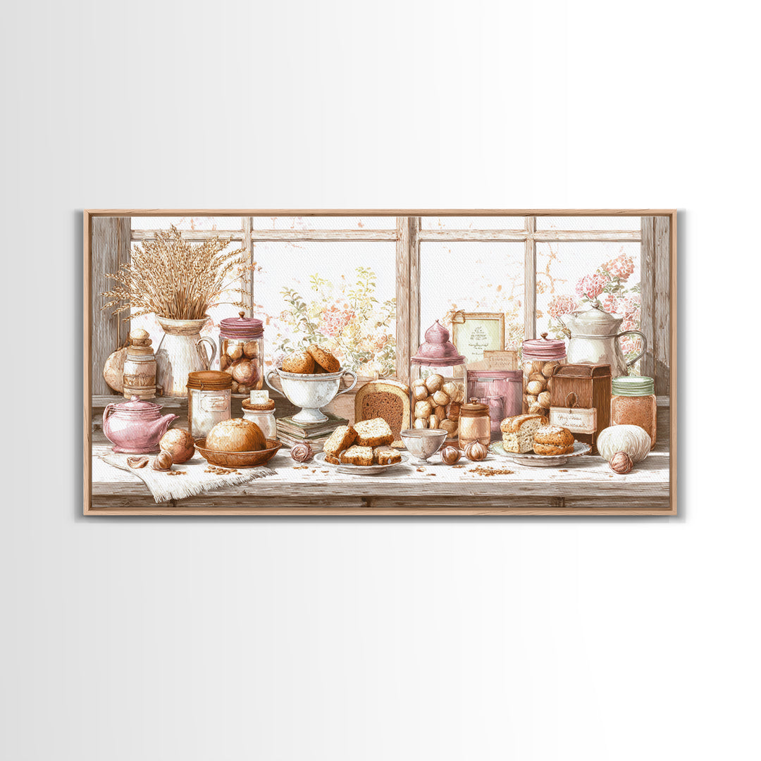 Tea and Scone Arrangement Framed Canvas Print, Bakery Art, Watercolor Art, Bakery Decor, Fine Art, Patisserie, French Wall Art, BAK-2x1-88