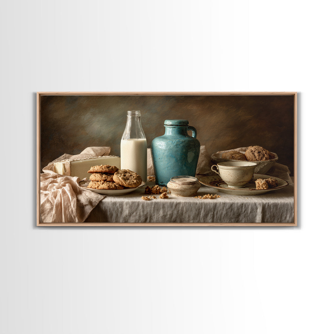 Milk Bottle and Cookies Nostalgic Still Life Framed Canvas Print, Bakery Art, Kitchen Wall Art, Bakery Decor, Oil Painting, BAK-2x1-90