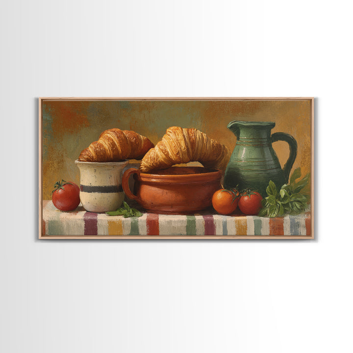 Buttery Croissants Stacked on Striped Linen Canvas Print, Bakery Art, Colorful Wall Art, Bakery Decor, Abstract Art, Patisserie, BAK-2x1-93