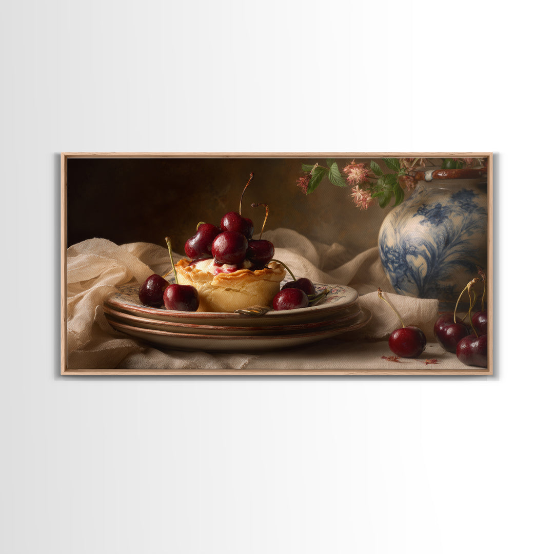 Cherry Tart Still Life Framed Canvas Print, Bakery Art, Digital Download Art, Bakery Decor, Fine Art, Patisserie, Neutral Decor, BAK-2x1-97