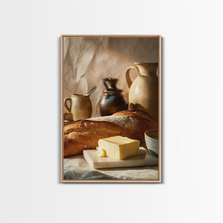 Baguette and Butter Still Life on Marble Canvas Print, Bakery Art, Gallery Decor, Bakery Decor, Fine Art, Patisserie, BAK-2x3-16