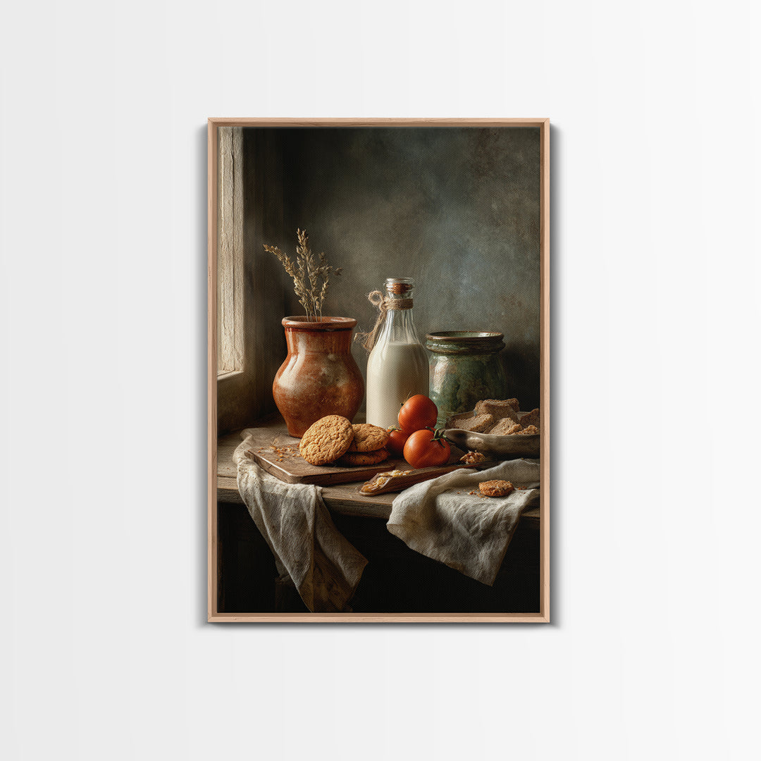 Milk Bottle and Cookies Nostalgic Still Life Framed Canvas Print, Bakery Art, Minimalist Decor, Bakery Decor, Patisserie, BAK-2x3-30
