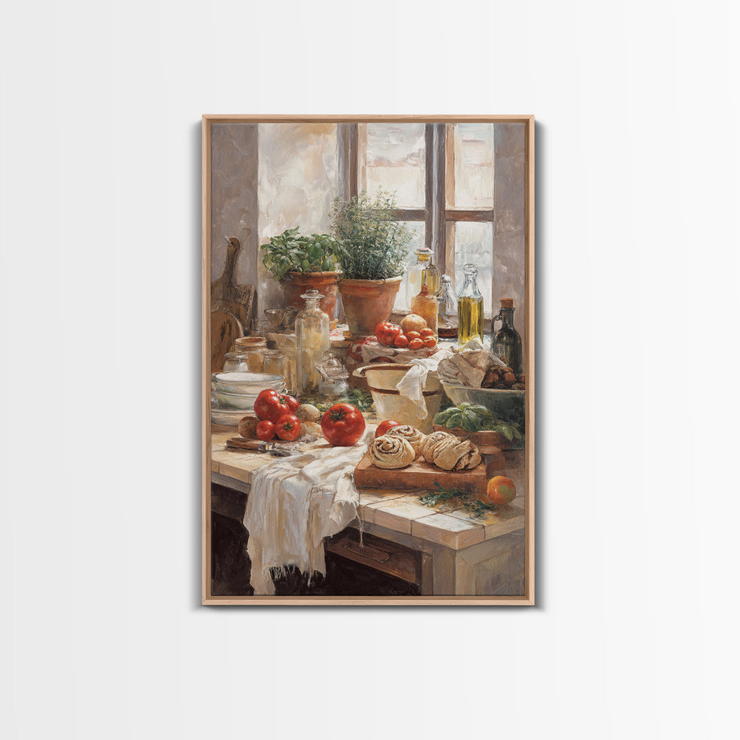 Cinnamon Rolls in a Warm Country Kitchen Framed Canvas Print, Bakery Art, Watercolor Painting, Bakery Decor, Patisserie, BAK-2x3-43