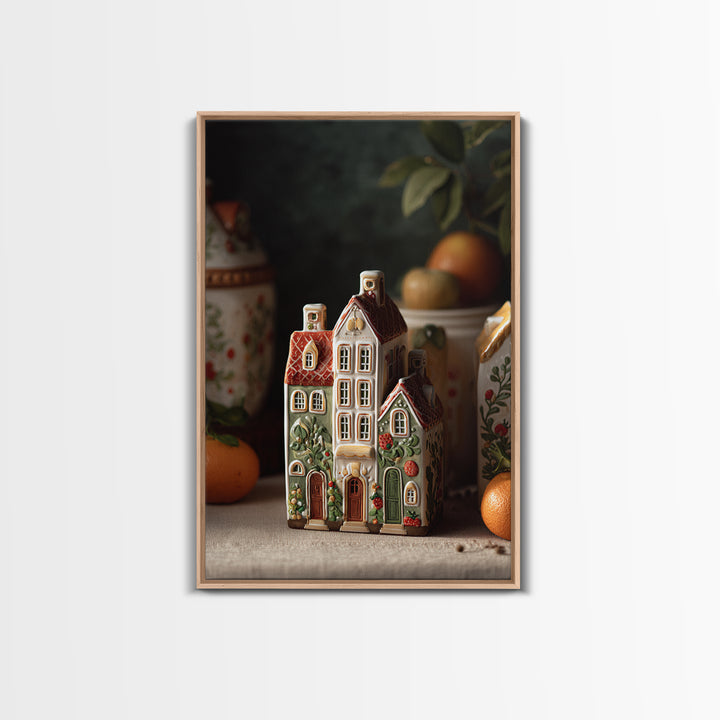 Gingerbread Houses in Charming Folk Art Style Framed Canvas Print, Bakery Art, Wall Decor, Bakery Decor, Fine Art, Patisserie, BAK-2x3-46