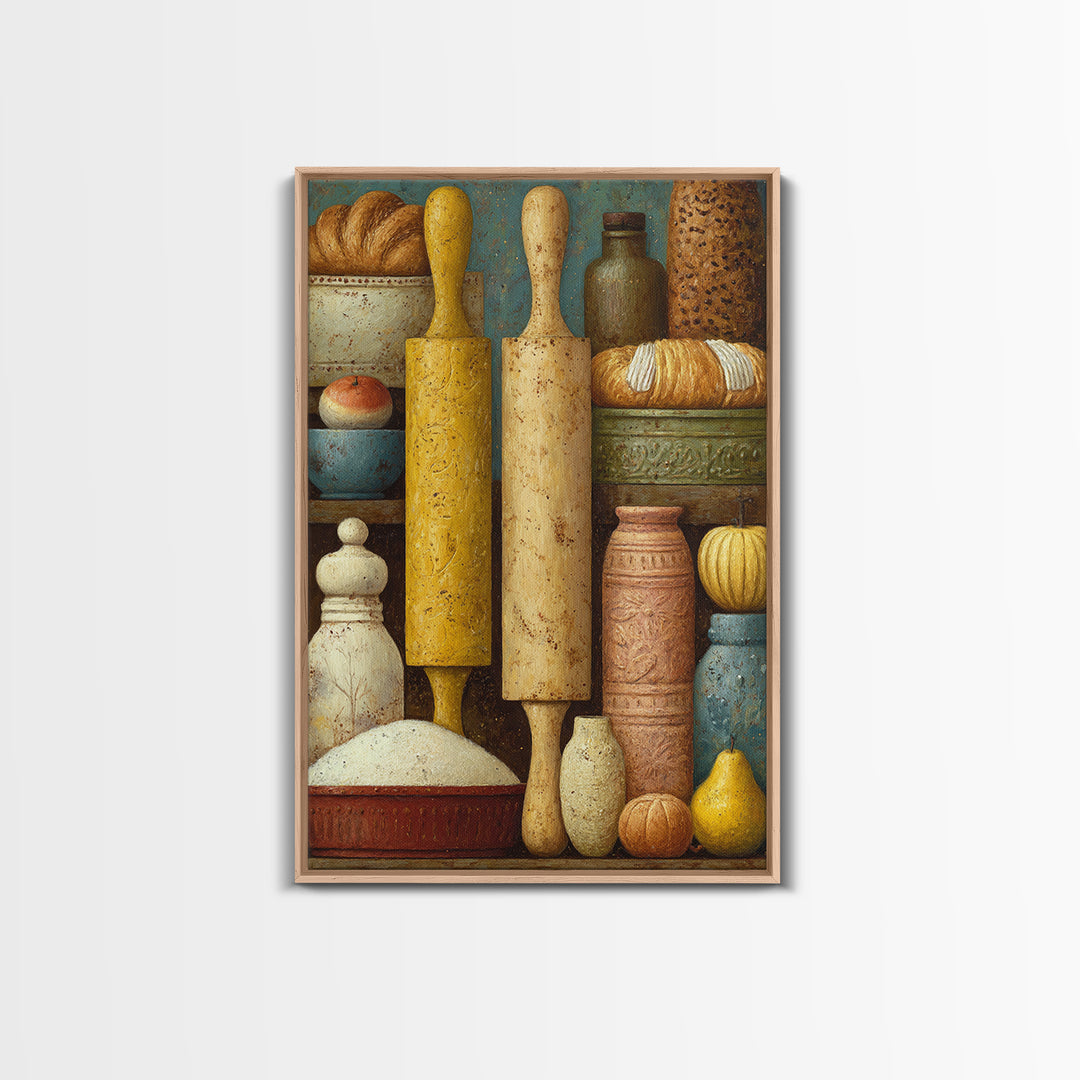 Patisserie Pattern of Rolling Pins and Pastries Framed Canvas Print, Bakery Art, Kitchen Prints, Bakery Decor, Oil Painting, BAK-2x3-53