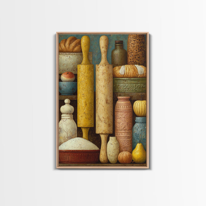 Patisserie Pattern of Rolling Pins and Pastries Framed Canvas Print, Bakery Art, Kitchen Prints, Bakery Decor, Oil Painting, BAK-2x3-53