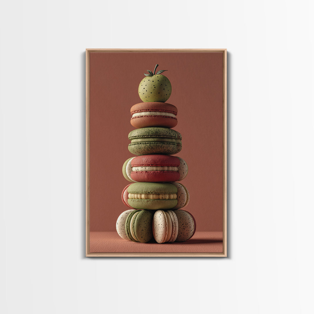 Single Perfect Macaron Tower Framed Canvas Print, Bakery Art, Kitchen Prints, Bakery Decor, Oil Painting, Patisserie, BAK-2x3-59