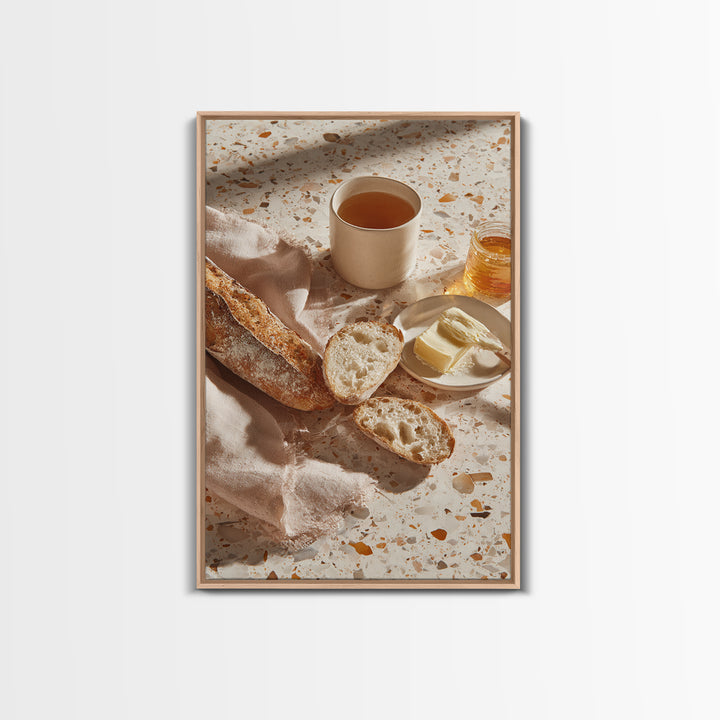 Baguette and Butter Still Life on Marble Framed Canvas Print, Bakery Art, Printable Wall Art, Bakery Decor, Patisserie, BAK-2x3-64