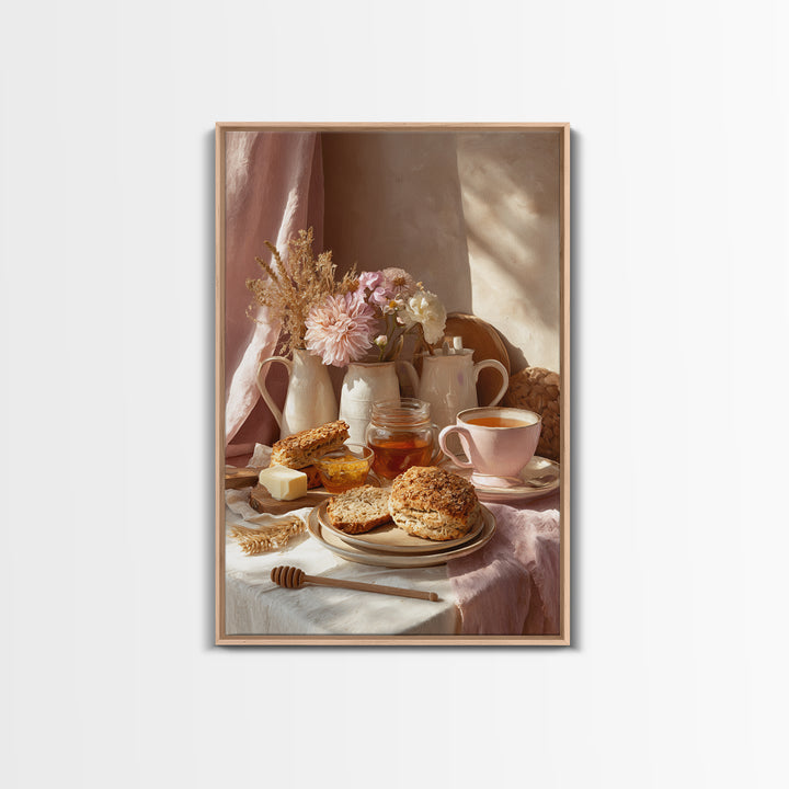 Tea and Scone Arrangement Framed Canvas Print, Bakery Art, Whimsical Wall Art, Bakery Decor, Fine Art, Patisserie, Luxury Decor, BAK-2x3-76