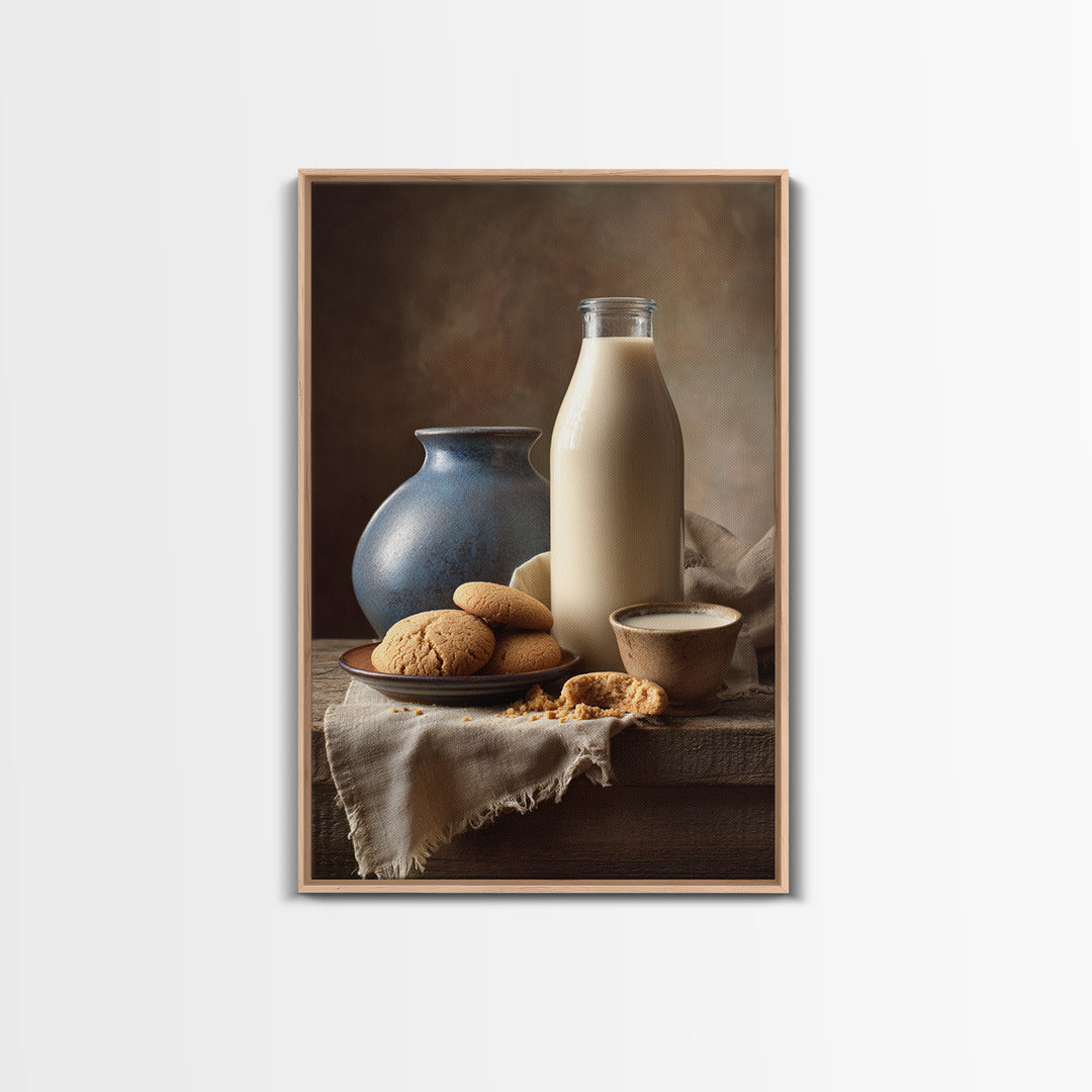 Milk Bottle and Cookies Nostalgic Still Life Framed Canvas Print, Bakery Art, Kitchen Art, Bakery Decor, Fine Art, Patisserie, BAK-2x3-78