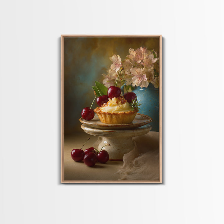 Cherry Tart Still Life Framed Canvas Print, Bakery Art, Neutral Wall Art, Bakery Decor, Fine Art, Patisserie, Statement Artwork, BAK-2x3-85
