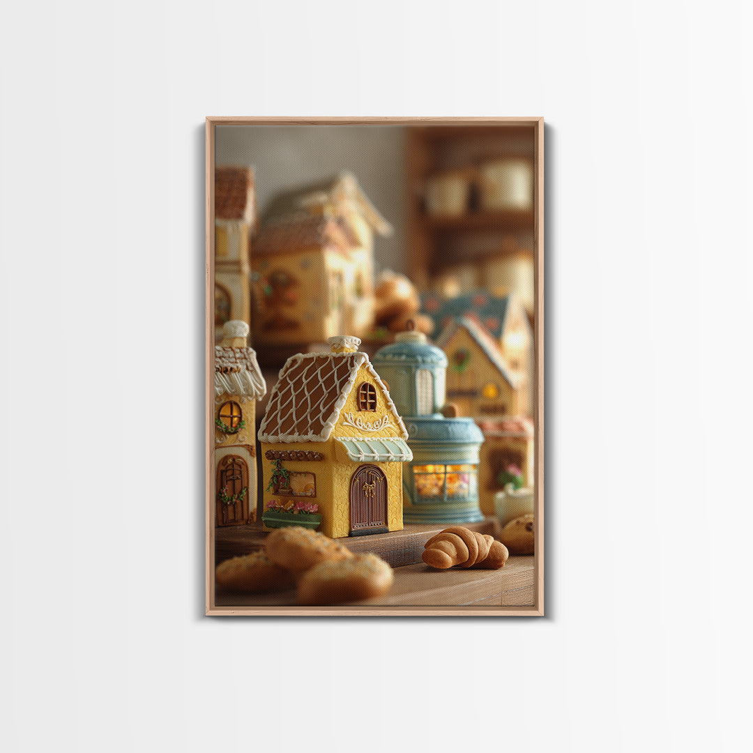 Gingerbread Houses in Charming Folk Art Style Framed Canvas Print, Bakery Art, Watercolor Art, Bakery Decor, Patisserie, BAK-2x3-94
