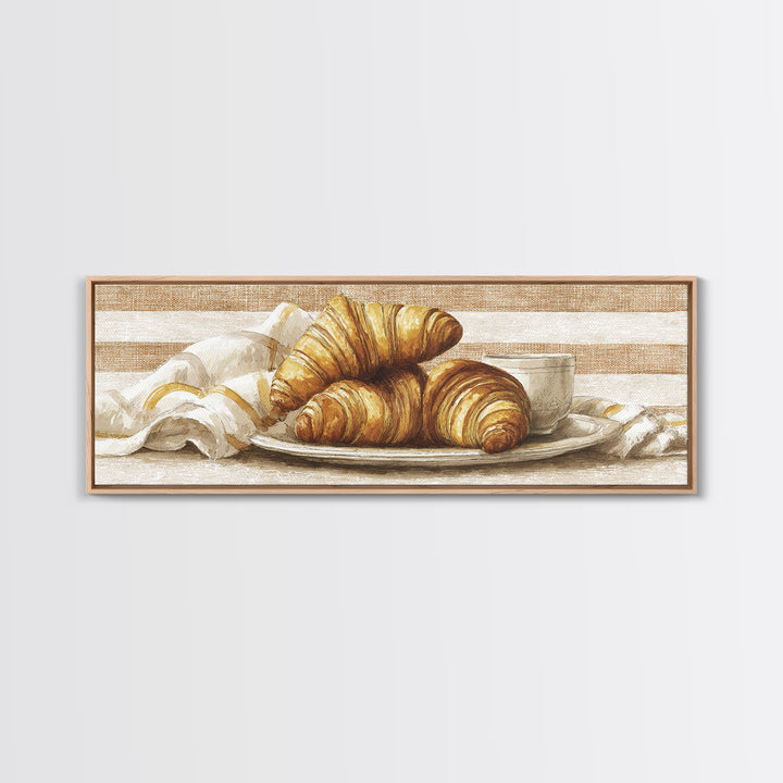 Buttery Croissants Stacked on Striped Linen Framed Canvas Print, Bakery Art, Dining Room Art, Bakery Decor, Abstract Art, BAK-3x1-17