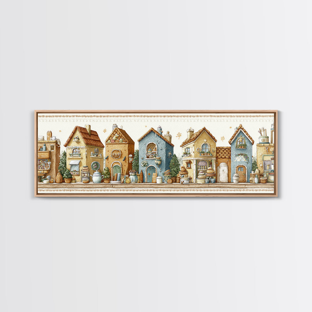 Gingerbread Houses in Charming Folk Art Style Canvas Print, Bakery Art, Whimsical Wall Art, Bakery Decor, Fine Art, Patisserie, BAK-3x1-6