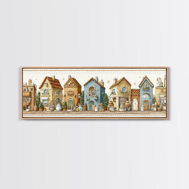 Gingerbread Houses in Charming Folk Art Style Canvas Print, Bakery Art, Whimsical Wall Art, Bakery Decor, Fine Art, Patisserie, BAK-3x1-6