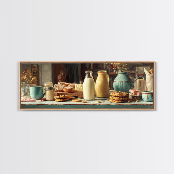 Milk Bottle and Cookies Nostalgic Still Life Canvas Print, Bakery Art, Boho Decor, Bakery Decor, Oil Painting, Patisserie, BAK-3x1-62