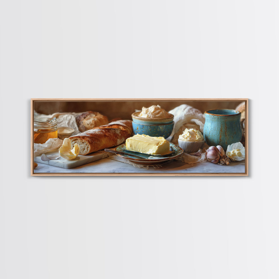 Baguette and Butter Still Life on Marble Framed Canvas Print, Bakery Art, Wall Decor, Bakery Decor, Fine Art, Patisserie, BAK-3x1-72
