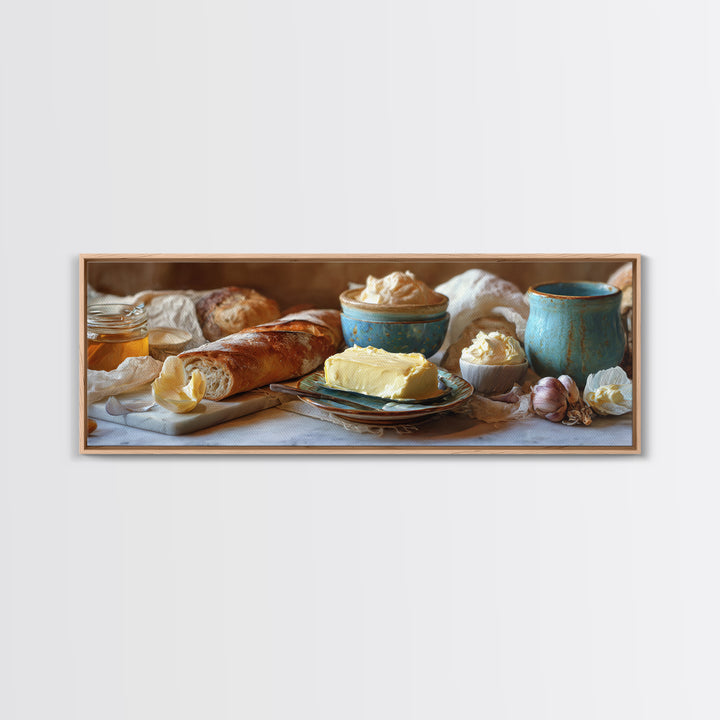 Baguette and Butter Still Life on Marble Framed Canvas Print, Bakery Art, Wall Decor, Bakery Decor, Fine Art, Patisserie, BAK-3x1-72