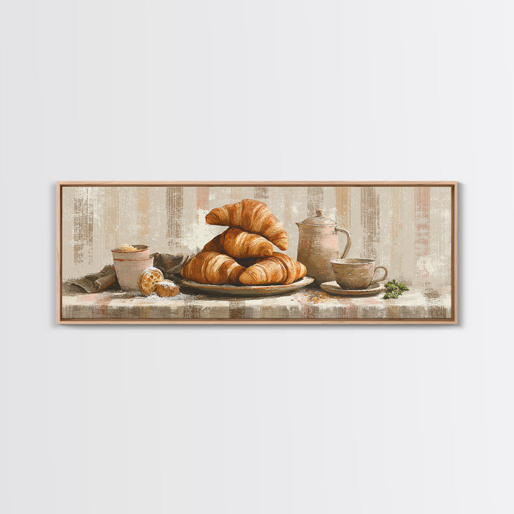 Buttery Croissants Stacked on Striped Linen Framed Canvas Print, Bakery Art, Boho Decor, Bakery Decor, Fine Art, Patisserie, BAK-3x1-89