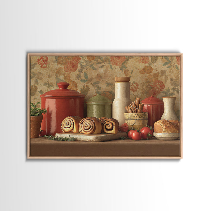 Cinnamon Rolls in a Warm Country Kitchen Framed Canvas Print, Bakery Art, Digital Download Art, Bakery Decor, Patisserie, BAK-3x2-15