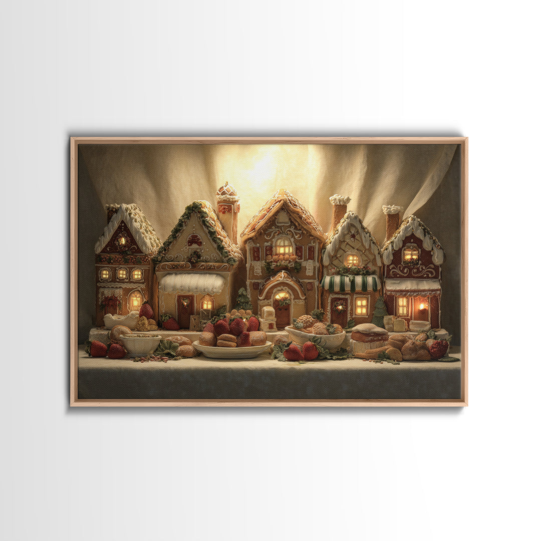 Gingerbread Houses in Charming Folk Art Style Framed Canvas Print, Bakery Art, Watercolor Art, Bakery Decor, Patisserie, BAK-3x2-18