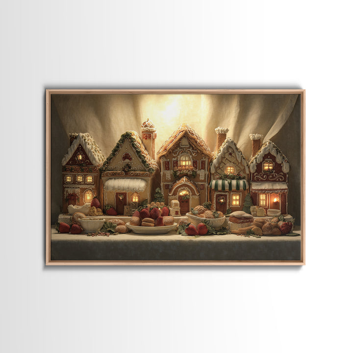 Gingerbread Houses in Charming Folk Art Style Framed Canvas Print, Bakery Art, Watercolor Art, Bakery Decor, Patisserie, BAK-3x2-18