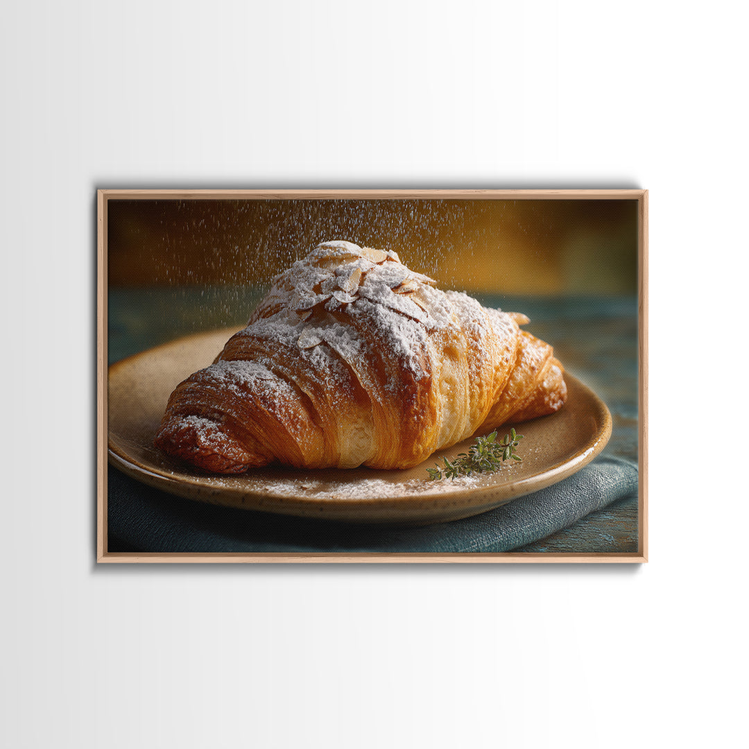Almond Croissant Closeup Framed Canvas Print, Bakery Art, Statement Artwork, Bakery Decor, Fine Art, Patisserie, Art Print, BAK-3x2-19