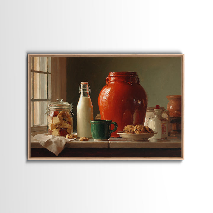 Milk Bottle and Cookies Nostalgic Still Life Framed Canvas Print, Bakery Art, Kitchen Art, Bakery Decor, Fine Art, Patisserie, BAK-3x2-2