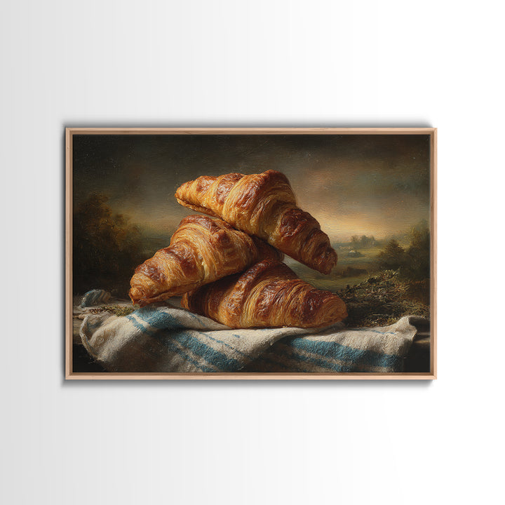 Buttery Croissants Stacked on Striped Linen Canvas Print, Bakery Art, Modern Decor, Bakery Decor, Abstract Art, Patisserie, BAK-3x2-29
