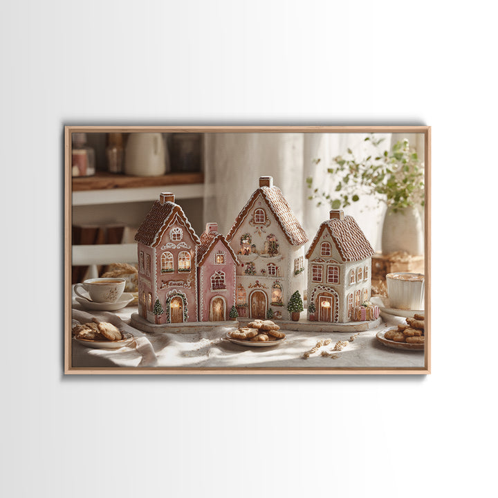 Gingerbread Houses in Charming Folk Art Style Canvas Print, Bakery Art, Digital Download Art, Bakery Decor, Patisserie, BAK-3x2-42