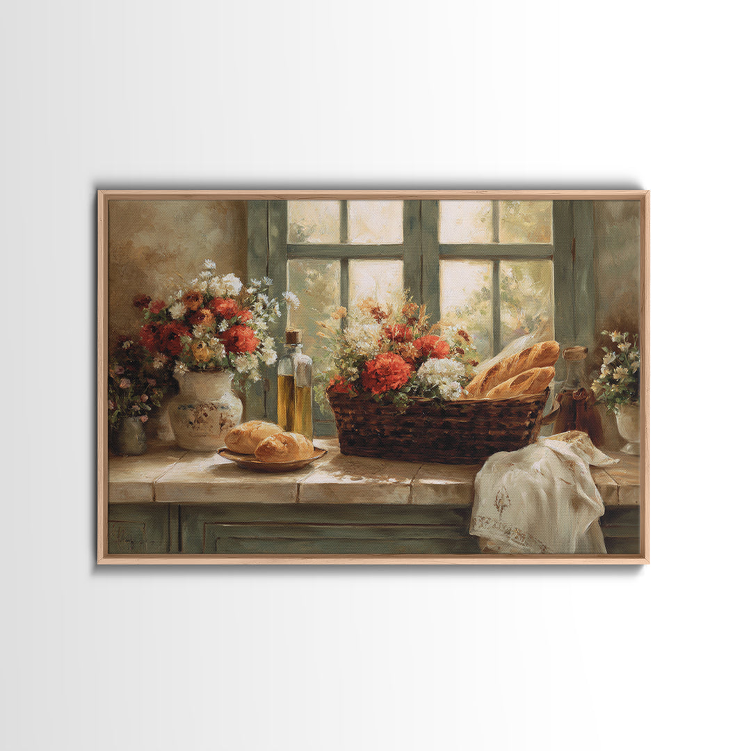 French Market Basket Filled Framed Canvas Print, Bakery Art, Kitchen Art Print, Bakery Decor, Patisserie, Modern Decor, BAK-3x2-46