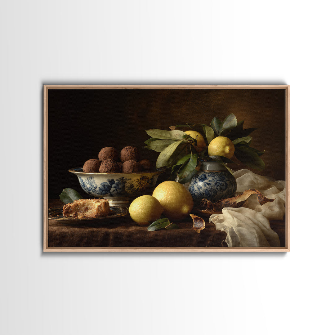 Chocolate Truffle Still Life Framed Canvas Print, Bakery Art, Kitchen Wall Art, Bakery Decor, Oil Painting, Patisserie, BAK-3x2-47