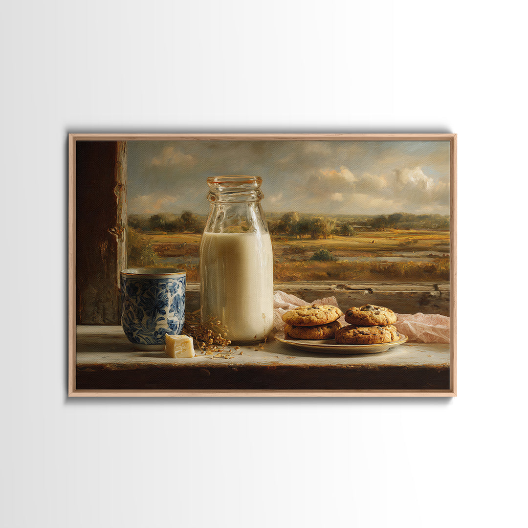 Milk Bottle and Cookies Nostalgic Still Life Framed Canvas Print, Bakery Art, Watercolor Print, Bakery Decor, Oil Painting, BAK-3x2-50