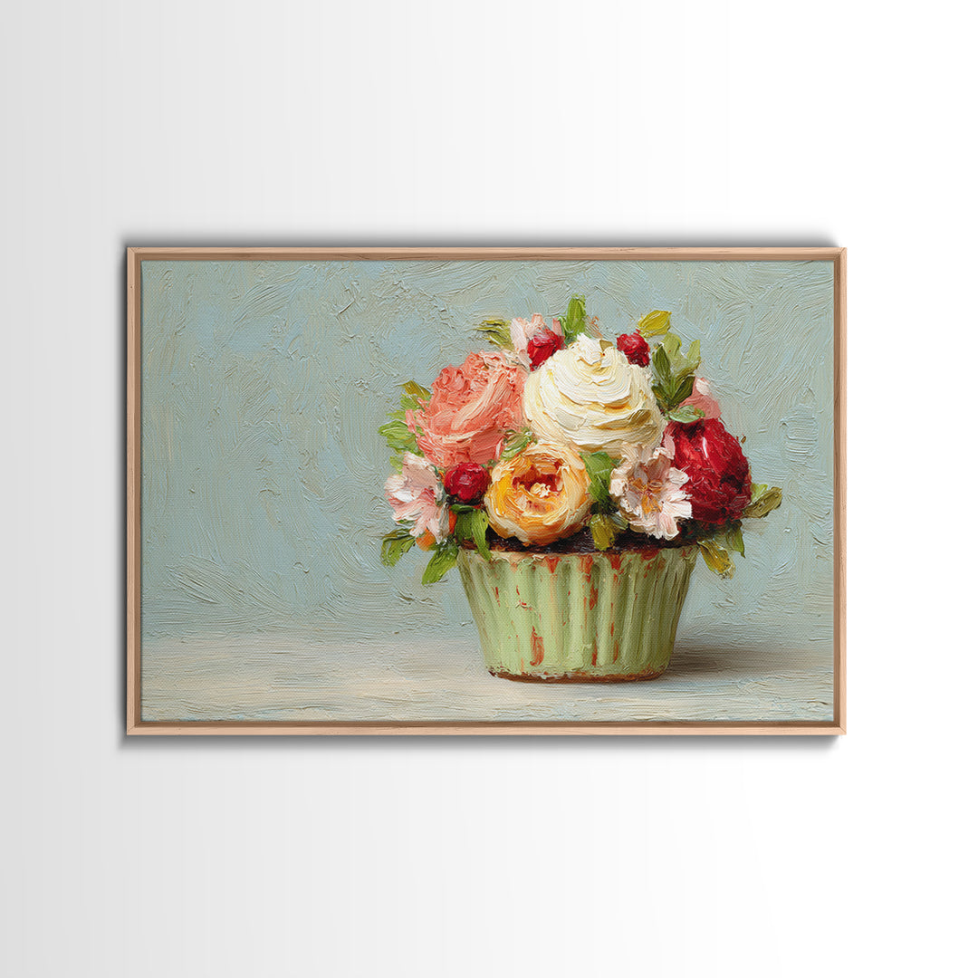 Cupcake Bouquet Painted Framed Canvas Print, Bakery Art, Kitchen Wall Art, Bakery Decor, Oil Painting, Patisserie, BAK-3x2-59
