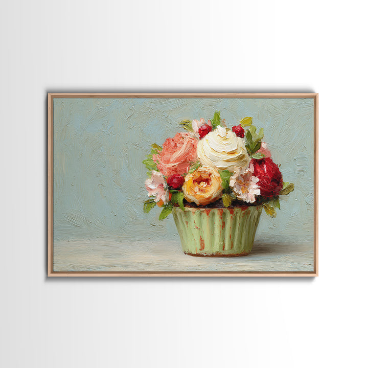 Cupcake Bouquet Painted Framed Canvas Print, Bakery Art, Kitchen Wall Art, Bakery Decor, Oil Painting, Patisserie, BAK-3x2-59
