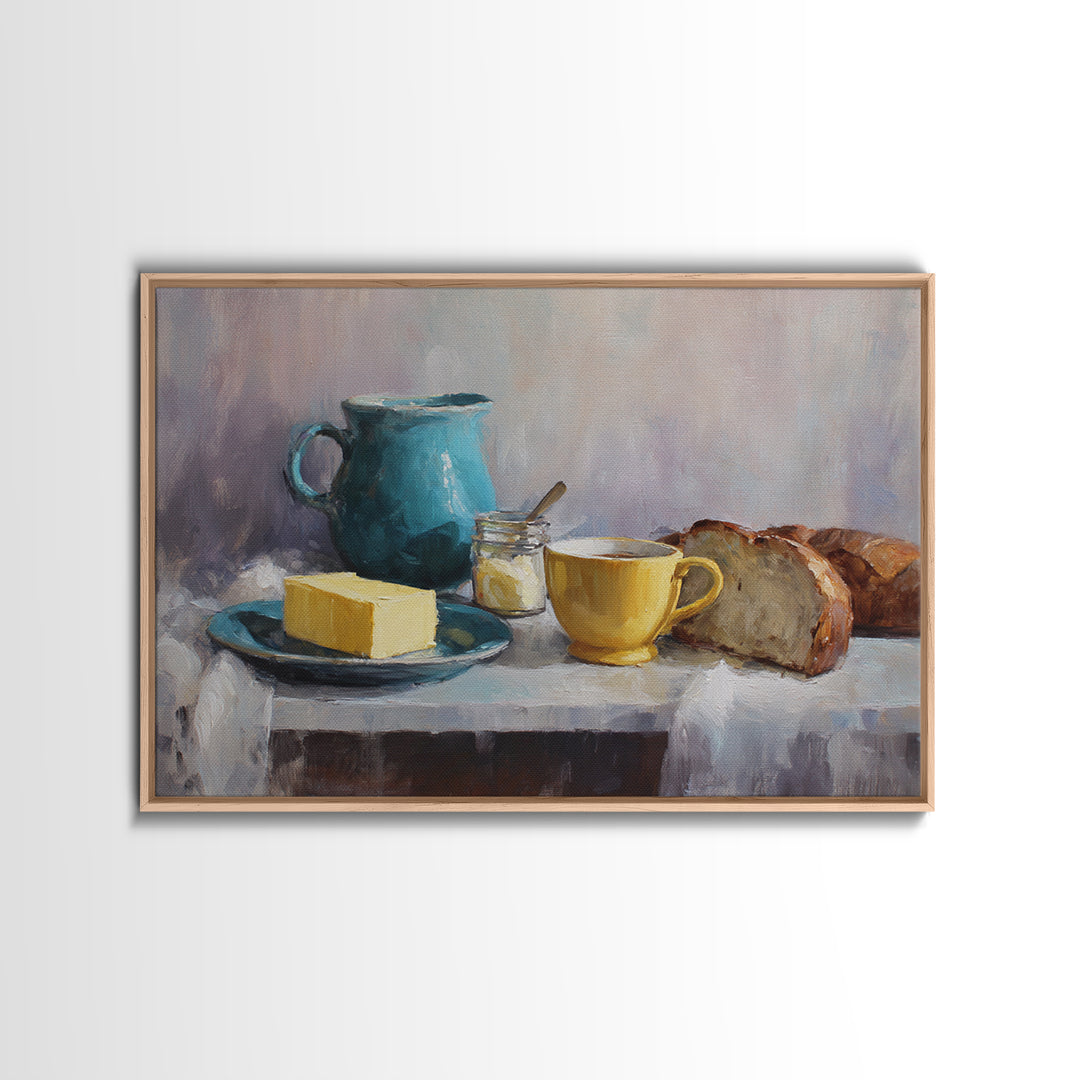 Baguette and Butter Still Life on Marble Framed Canvas Print, Bakery Art, Textured Painting, Bakery Decor, Fine Art, Patisserie, BAK-3x2-60