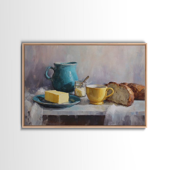 Baguette and Butter Still Life on Marble Framed Canvas Print, Bakery Art, Textured Painting, Bakery Decor, Fine Art, Patisserie, BAK-3x2-60