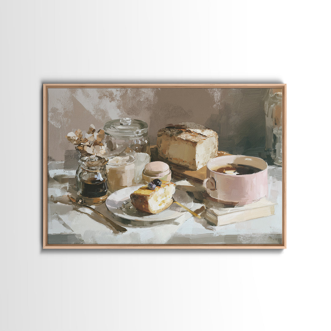 Painterly Eclair and Coffee Still Life Framed Canvas Print, Bakery Art, Bakery Decor, Abstract Art, Patisserie, BAK-3x2-64