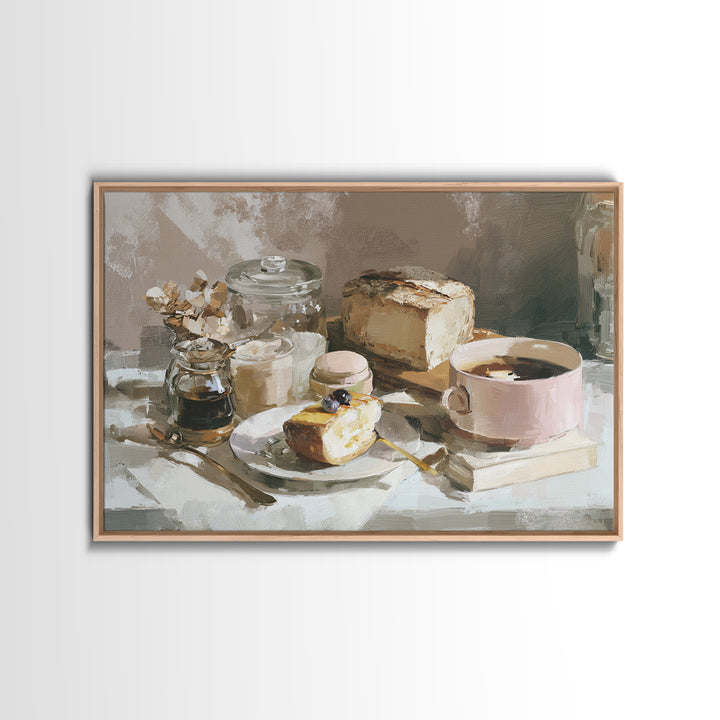 Painterly Eclair and Coffee Still Life Framed Canvas Print, Bakery Art, Bakery Decor, Abstract Art, Patisserie, BAK-3x2-64
