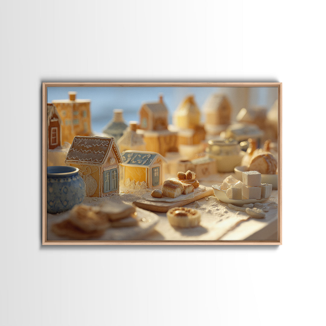 Gingerbread Houses in Charming Folk Art Style Canvas Print, Bakery Art, Digital Download Art, Bakery Decor, Patisserie, BAK-3x2-66