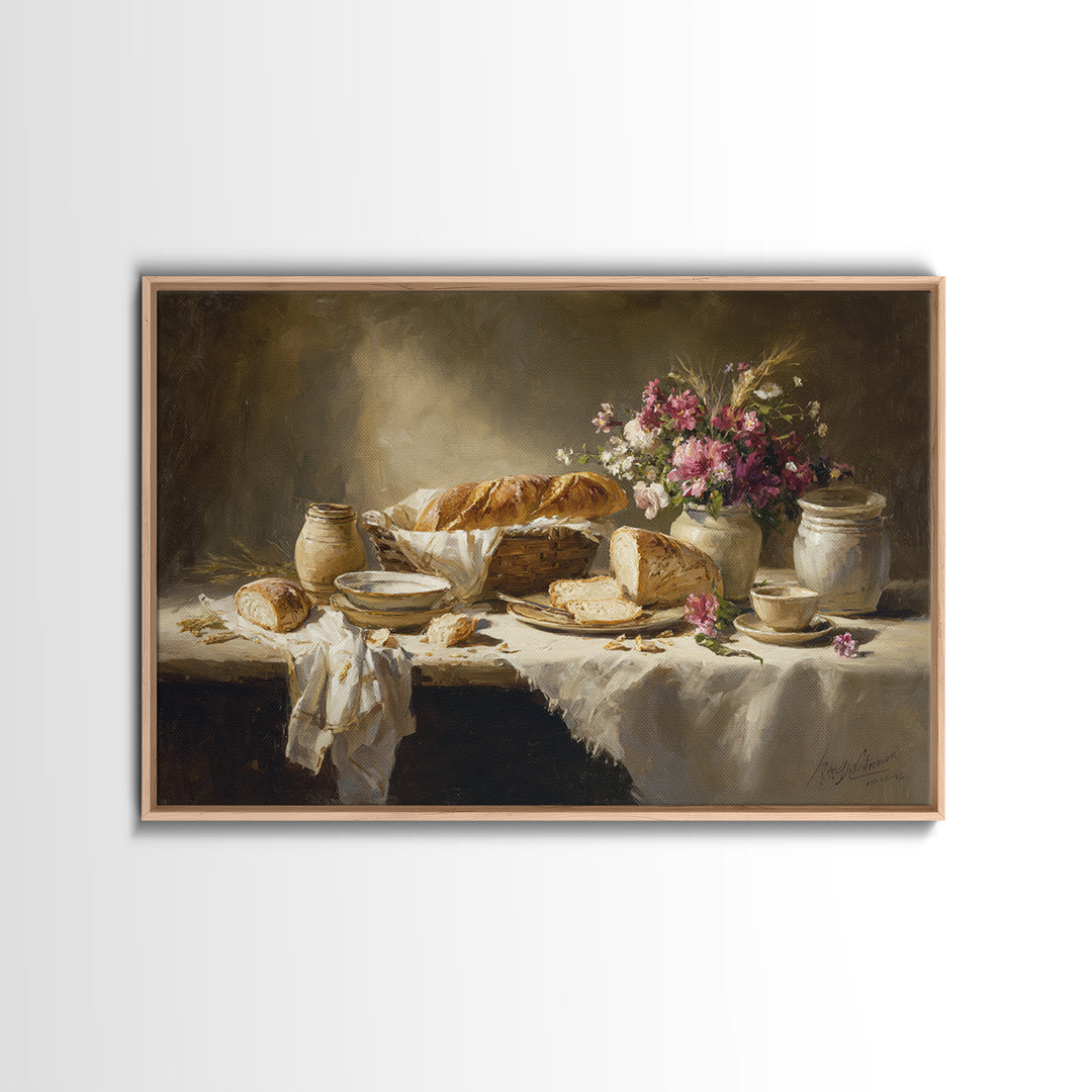 French Market Basket Filled Framed Canvas Print, Bakery Art, Kitchen Art Print, Bakery Decor, Patisserie, Modern Decor, BAK-3x2-70