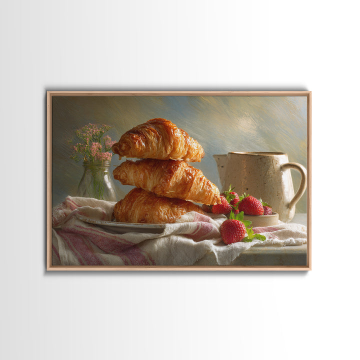 Buttery Croissants Stacked on Striped Linen Framed Canvas Print, Bakery Art, Room Decor, Bakery Decor, Abstract Art, Patisserie, BAK-3x2-77